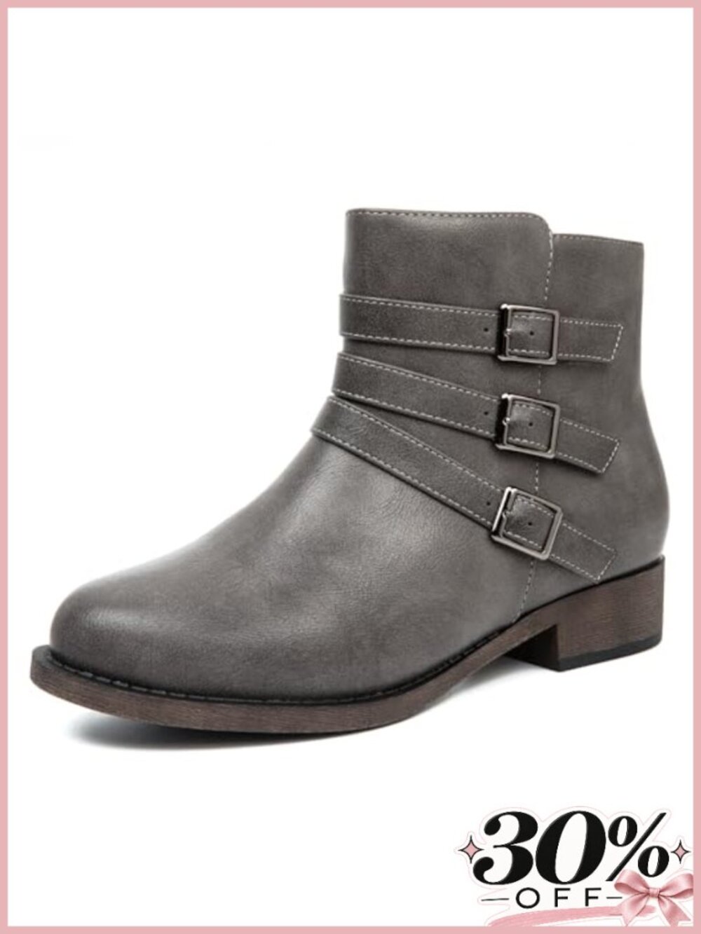 Faux Leather Ankle Booties Low Chunky Heel Zip Side Buckle Casual